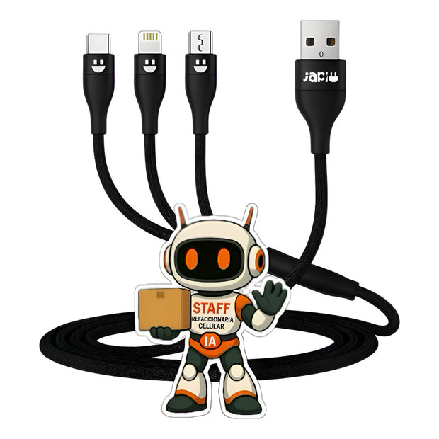 Cable 3 En 1 V8 Tipo C Compatible iPhone 3a Carga Rapida Jap Negro